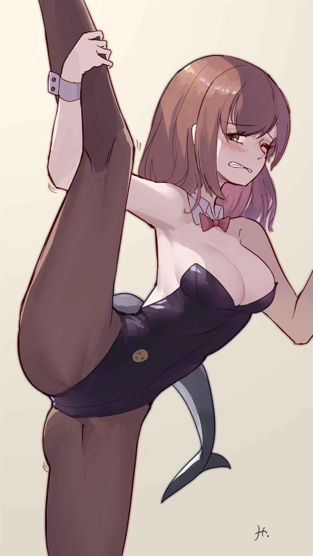 1girl, bangs, bare_shoulders, black_legwear, blush, bow, bowtie, breasts