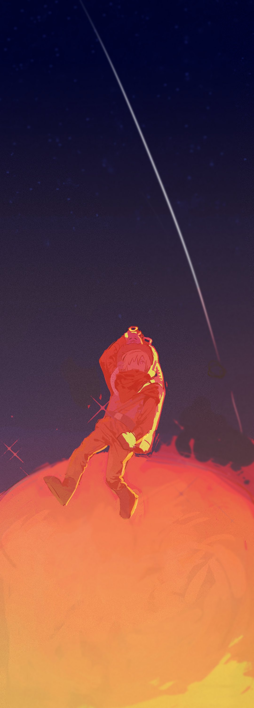 1girl, absurdres, astronaut, backlighting, chinese_commentary, floating, halo, hand_in_pocket