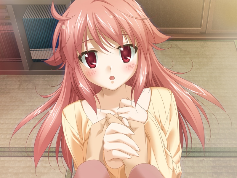 aki_no_urarano_akane_iro_shouten_gai, blush, game_cg, hand_holding, haneda_yoshimi, holding_hands, peko, pink_hair