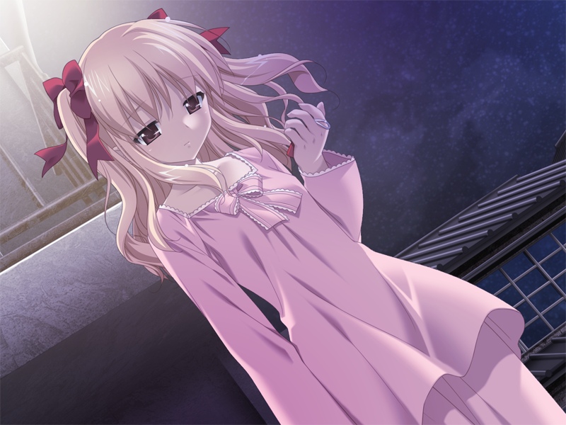 aki_no_urarano_akane_iro_shouten_gai, blonde_hair, dutch_angle, game_cg, hair_ribbon, hair_ribbons, night, odajima_mayu