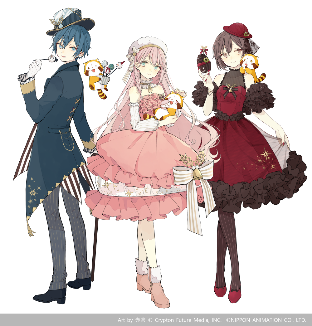 1boy, 2girls, akakura, alternate_costume, animal, animal_on_shoulder, ankle_boots, aqua_eyes