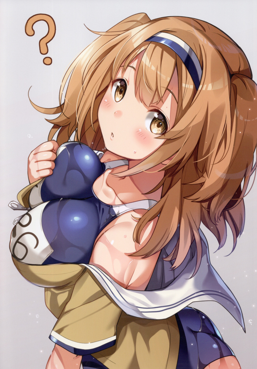 1girl, ?, absurdres, bangs, bare_shoulders, blue_swimsuit, blush, breast_press