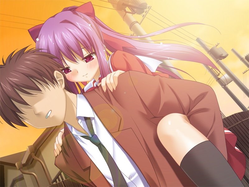 aki_no_urarano_akane_iro_shouten_gai, blush, game_cg, hair_ribbon, hair_ribbons, happy, kneehighs, odajima_kosuzu, peko, piggyback, ponytail, purple_eyes, purple_hair, ribbon, socks, violet_eyes