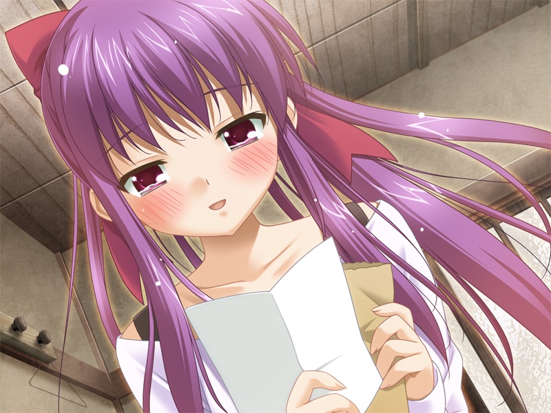 aki_no_urarano_akane_iro_shouten_gai, blush, happy, letter, odajima_kosuzu, peko, purple_eyes, purple_hair