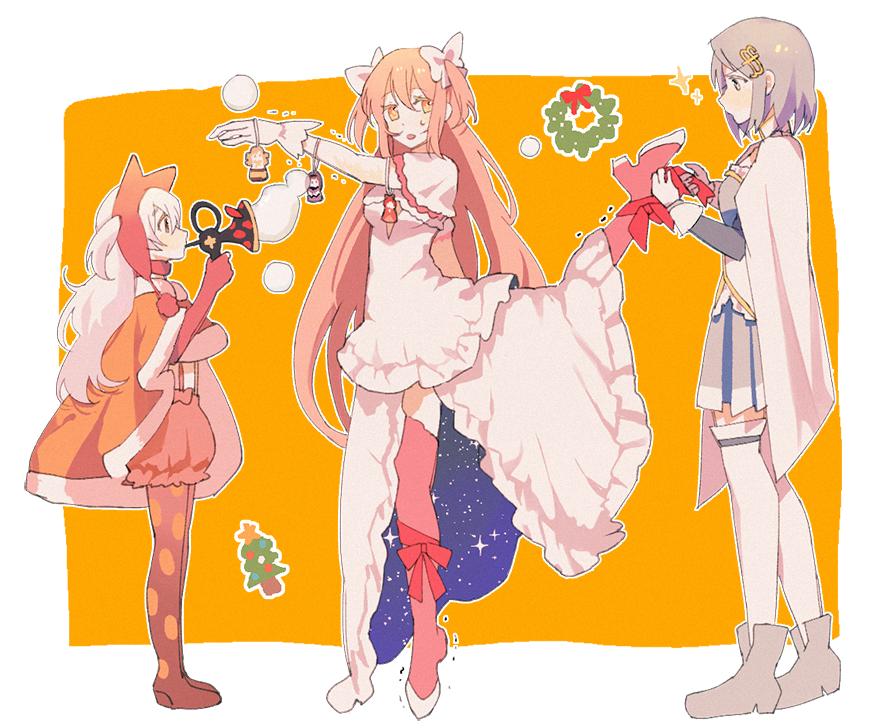 3girls, akemi_homura, ankle_boots, beanie, black_legwear, blue_eyes, blue_hair, blue_skirt, boots, breasts, bubble, bubble_blowing, cape, capelet, character_doll, christmas_ornaments, christmas_tree, closed_mouth, commentary_request, detached_sleeves, dress, expressionless, fortissimo, fortissimo_hair_ornament, frills, from_side, frown, full_body, fur-trimmed_capelet, fur_trim, gloves, goddess_madoka, hair_ornament, hairclip, hat, height_difference, instrument, kaname_madoka, korean_commentary, layered_dress, leg_up, lineup, long_hair, looking_at_another, looking_back, looking_down, mahou_shoujo_madoka_magica, mahou_shoujo_madoka_magica_movie, miki_sayaka, momoe_nagisa, multiple_girls, nervous, orange_background, orange_capelet, outline, outstretched_arm, pantyhose, pc_(z_yu), pink_hair, pink_legwear, pink_ribbon, pleated_skirt, polka_dot, polka_dot_background, pom_pom_(clothes), profile, ribbon, sakura_kyouko, shiny, shiny_hair, short_hair, simple_background, skirt, small_breasts, sparkle, standing, suspenders, sweatdrop, thigh-highs, tiptoes, tomoe_mami, transparent_background, trembling, trumpet, two_side_up, tying, white_cape, white_dress, white_gloves, white_hair, white_legwear, white_outline, white_ribbon, wide_sleeves, wreath, yellow_eyes