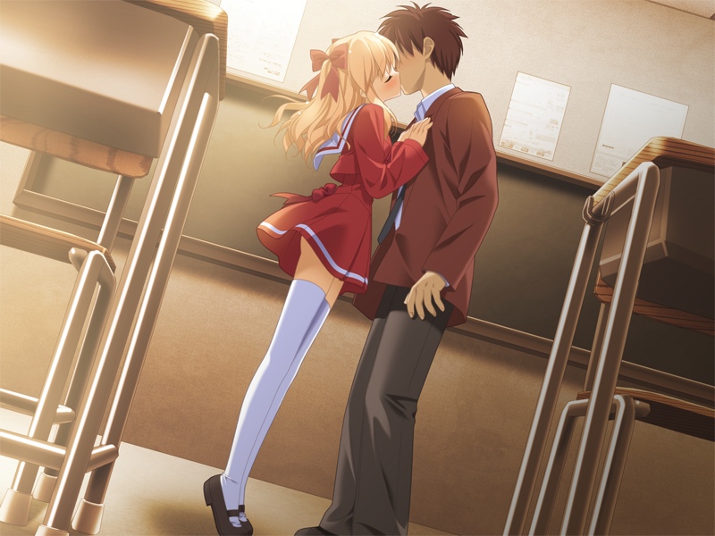 aki_no_urarano_akane_iro_shouten_gai, ass_cheeks, blonde_hair, blush, classroom, game_cg, height_difference, kiss, odajima_mayu, peko, school_uniform, thigh-highs, thighhighs, tiptoe_kiss, tiptoes, twintails, zettai_ryouiki