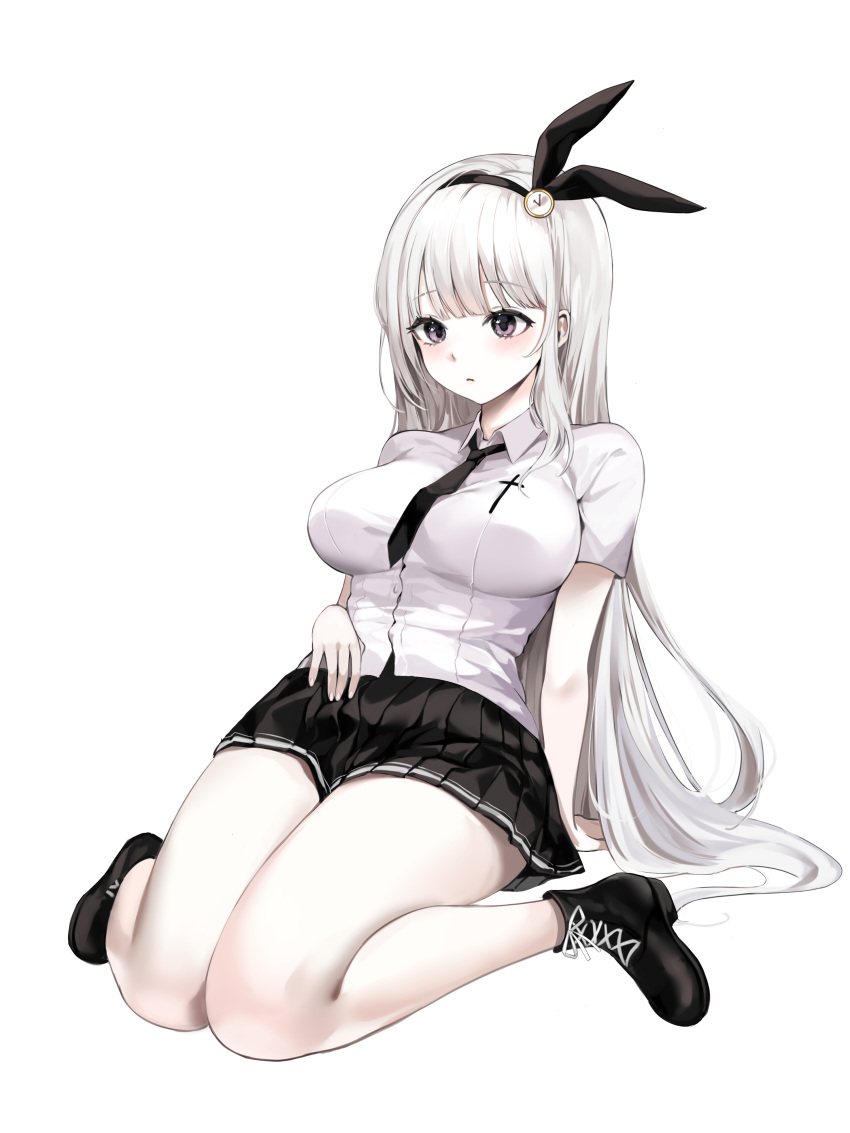1girl, absurdres, ankle_boots, arm_behind_back, arm_support, bangs, bare_legs, black_footwear, black_hairband, black_neckwear, black_ribbon, black_skirt, blunt_bangs, blush, boots, breasts, clock_hair_ornament, closed_mouth, collared_shirt, commission, cross, eyebrows_visible_through_hair, full_body, hair_ornament, hair_ribbon, hairband, highres, large_breasts, leaning_back, lillly, looking_away, looking_down, miniskirt, necktie, no_socks, original, pleated_skirt, ribbon, shirt, short_sleeves, silver_hair, sitting, skirt, solo, straight_hair, thighs, violet_eyes, wariza, white_shirt