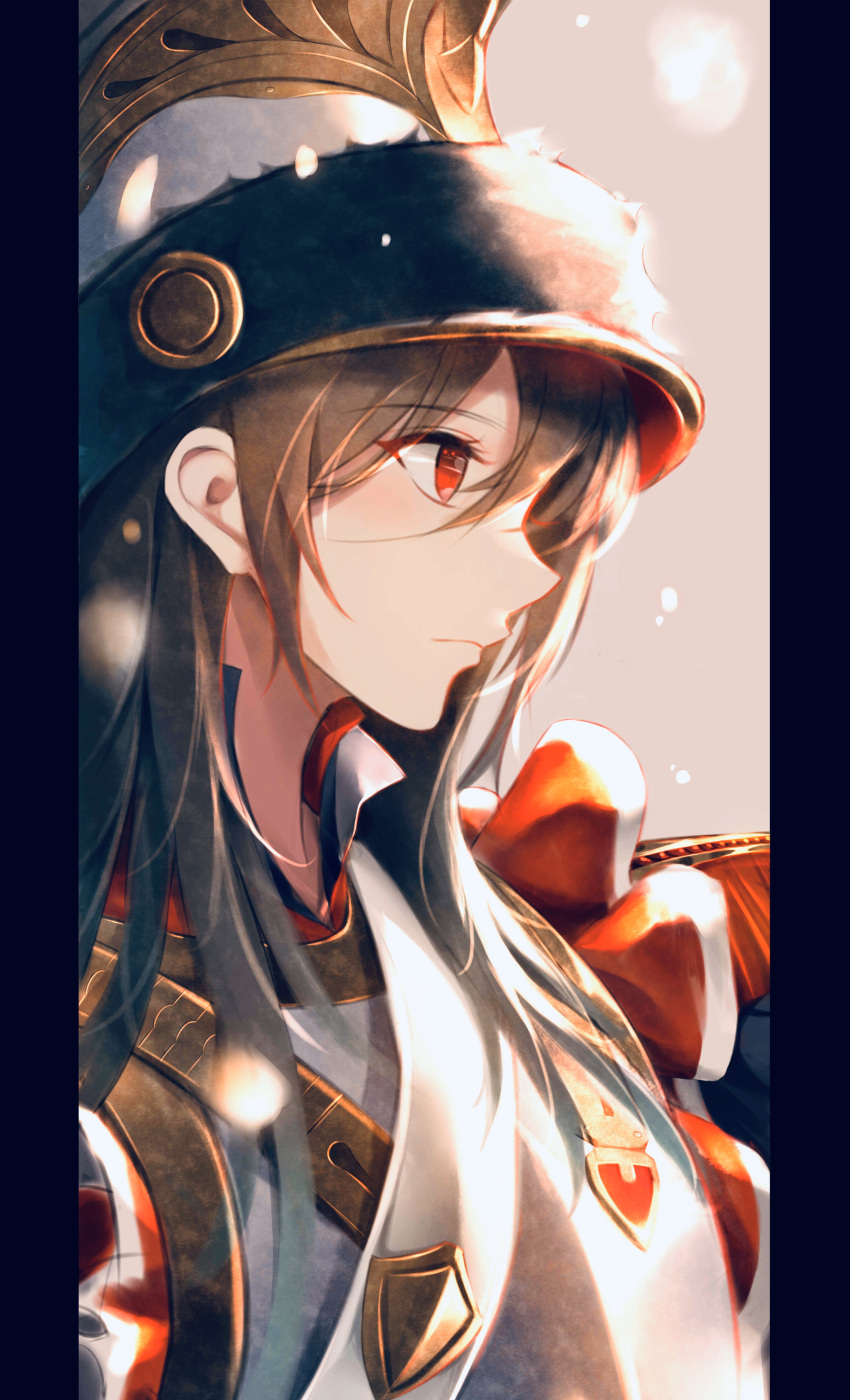 1girl, absurdres, armor, breastplate, brown_hair, cuirass, epaulettes, eyebrows_visible_through_hair, frills, fringe_trim, hair_between_eyes, helmet, highres, knight, long_hair, military, military_uniform, ochame, original, pillarboxed, profile, red_eyes, snow, solo, uniform