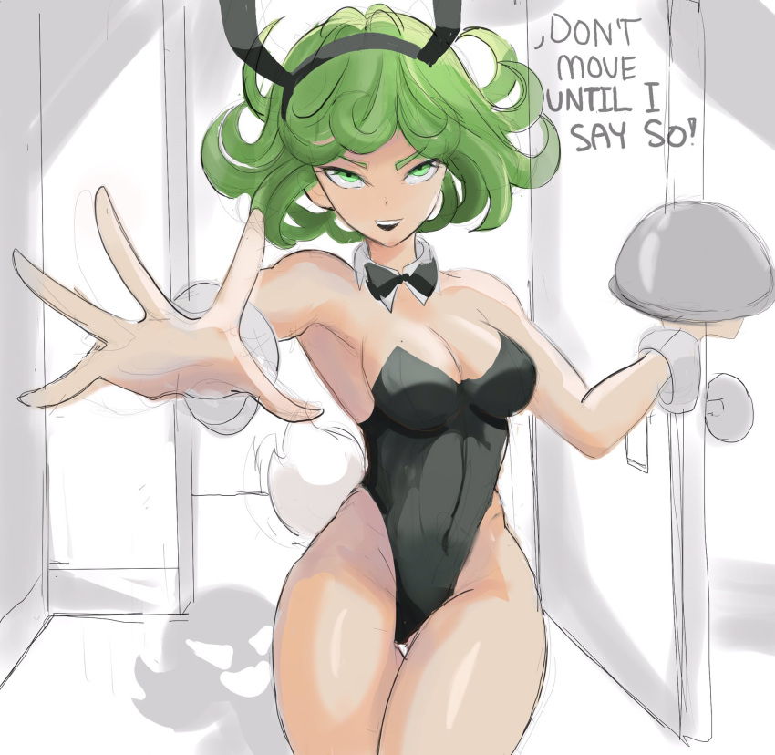 1girl, breasts, cleavage, green_eyes, green_hair, legs, leotard, one-punch_man