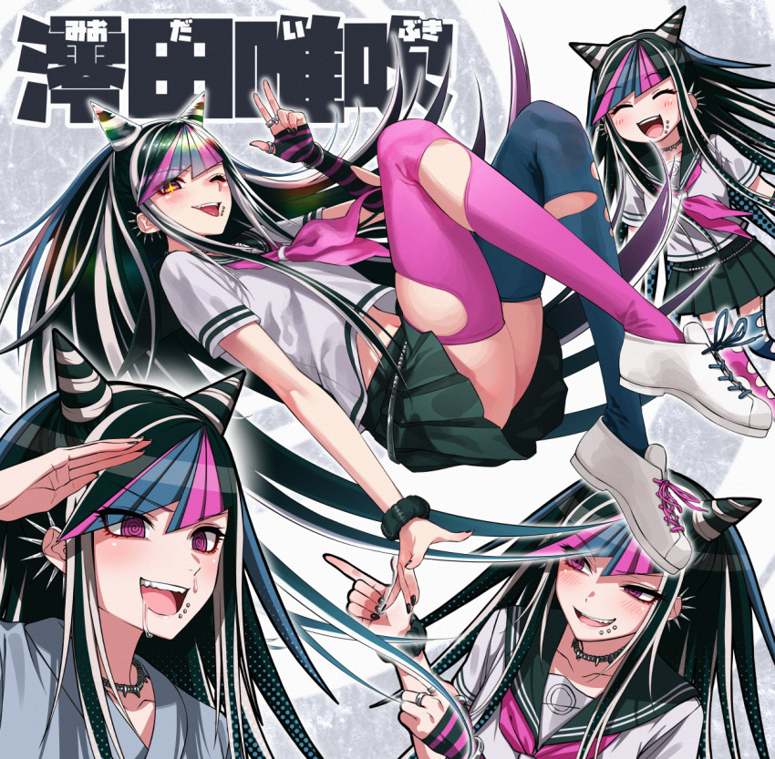 1girl, :d, ass, bangs, black_hair, black_nails, black_skirt, blue_hair