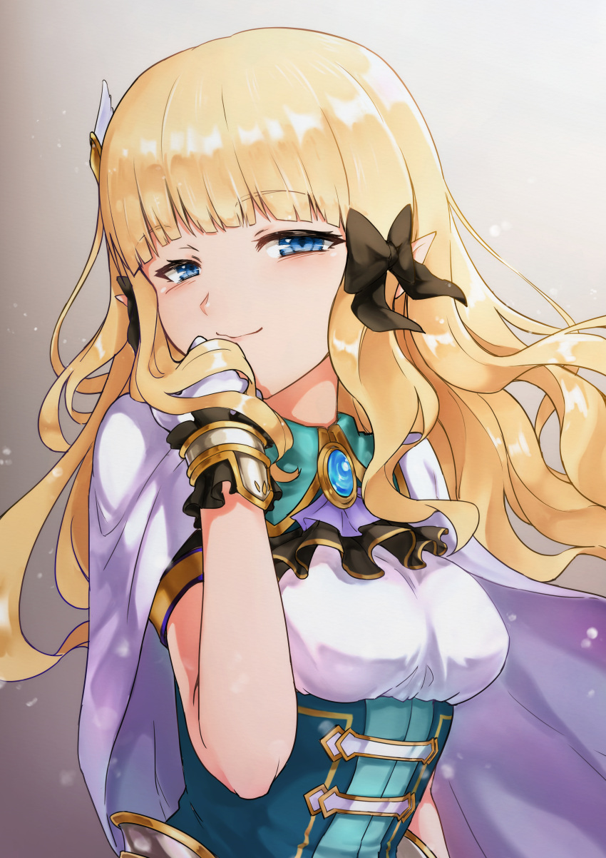 1girl, absurdres, bangs, black_bow, blonde_hair, blue_eyes, blush, bow, breasts, capelet, cloak, elf, eyebrows_visible_through_hair, hair_bow, hair_ornament, highres, large_breasts, long_hair, looking_at_viewer, navi_(ivan), pointy_ears, princess_connect!, princess_connect!_re:dive, saren_(princess_connect!), smile, solo