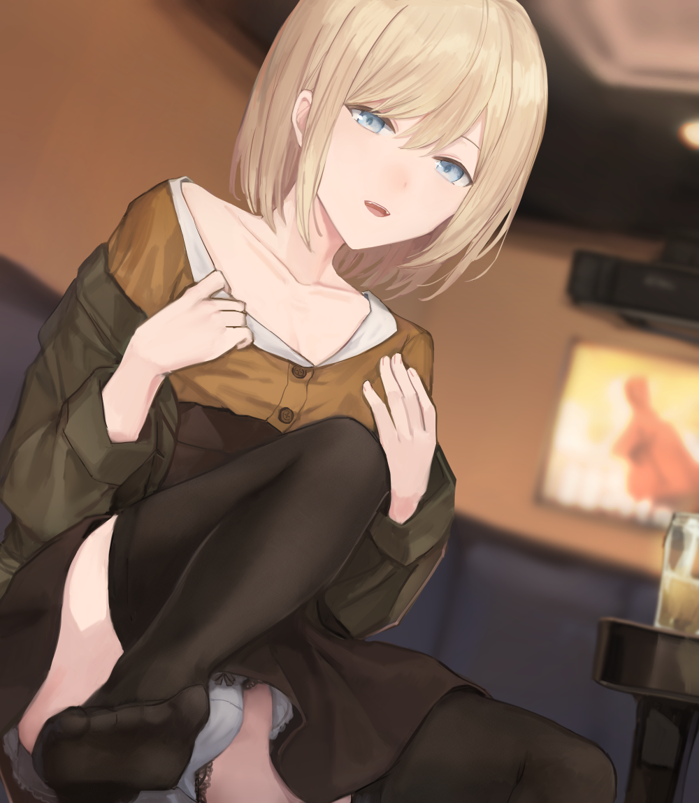 1boy, alcohol, bangs, beer, black_dress, black_legwear, blonde_hair, blue_eyes, blurry, blurry_background, brown_dress, bulge, collarbone, commentary, crossdressinging, cup, dress, drinking_glass, eyelashes, frilled_panties, frills, green_jacket, hair_between_eyes, indoors, jacket, looking_at_viewer, male_focus, medium_hair, no_shoes, off_shoulder, open_mouth, original, otoko_no_ko, panties, sidelocks, solo, sunaba_(nczd5875), thigh-highs, toes, two-tone_dress, underwear, white_panties