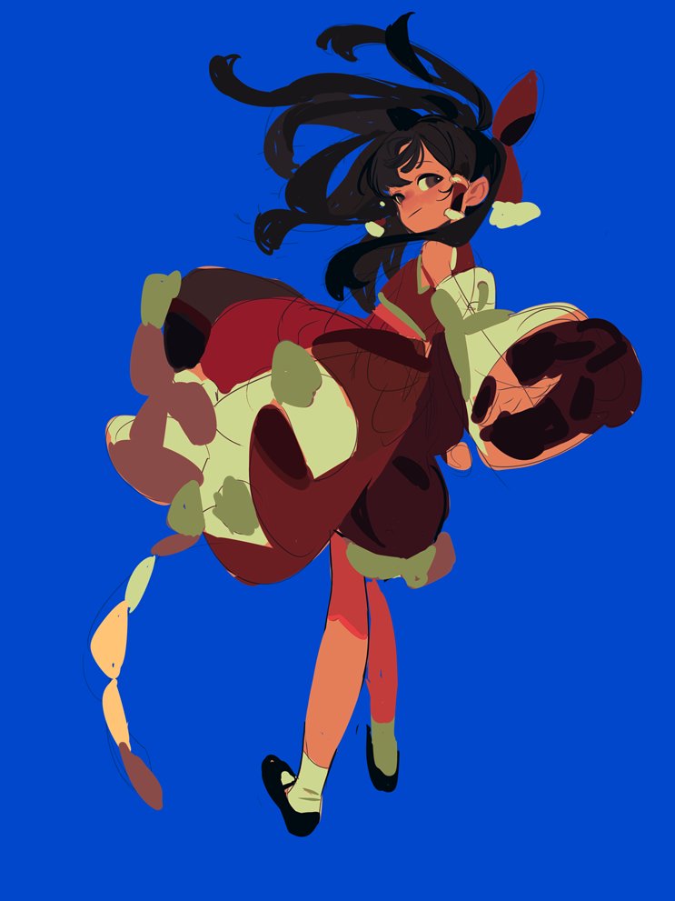 1girl, bangs, bare_shoulders, black_footwear, blue_background, bow, brown_eyes, brown_hair, closed_mouth, crop_top, detached_sleeves, floating_hair, from_behind, full_body, hair_bow, hair_tubes, hakurei_reimu, horikwawataru, long_hair, looking_at_viewer, looking_back, mary_janes, outstretched_arm, red_shirt, red_skirt, shirt, shoes, simple_background, sketch, skirt, skirt_set, socks, solo, standing, touhou, white_legwear, wide_sleeves