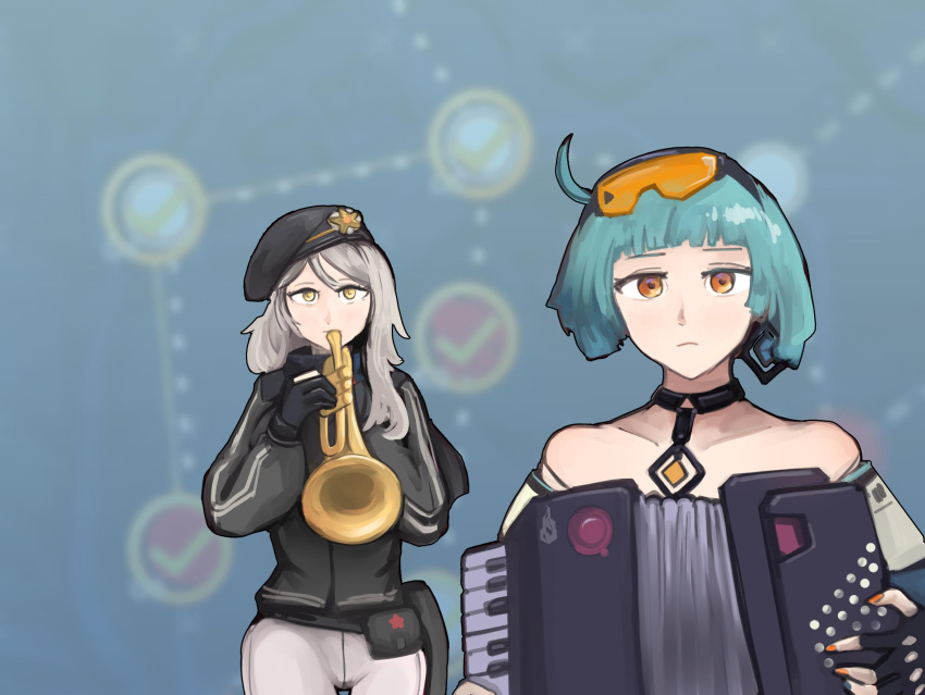 2girls, accordion, ahoge, beret, black_scarf, blue_hair, choker, earrings, expressionless, fingerless_gloves, girls_frontline, gloves, goggles, goggles_on_head, graphite_(medium), grey_hair, hat, highres, instrument, jewelry, long_hair, multiple_girls, nail_polish, orange_eyes, partially_fingerless_gloves, pure_boy, scarf, serbia, serbia_strong, short_hair, traditional_media, trumpet, yellow_eyes, zas_m21_(girls_frontline), zas_m76_(girls_frontline)