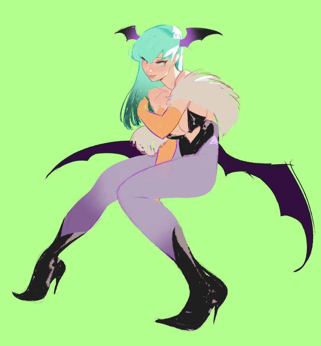1girl, bangs, bare_shoulders, bat_wings, between_legs, black_footwear, black_leotard, boots, breasts, demon_girl, elbow_gloves, fur_trim, gloves, green_background, green_hair, hair_between_eyes, hand_between_legs, head_wings, high_heel_boots, high_heels, highleg, highleg_leotard, horikwawataru, invisible_chair, leotard, long_hair, looking_back, low_wings, morrigan_aensland, orange_gloves, pantyhose, purple_legwear, purple_wings, simple_background, sitting, solo, succubus, vampire_(game), wings, yellow_eyes