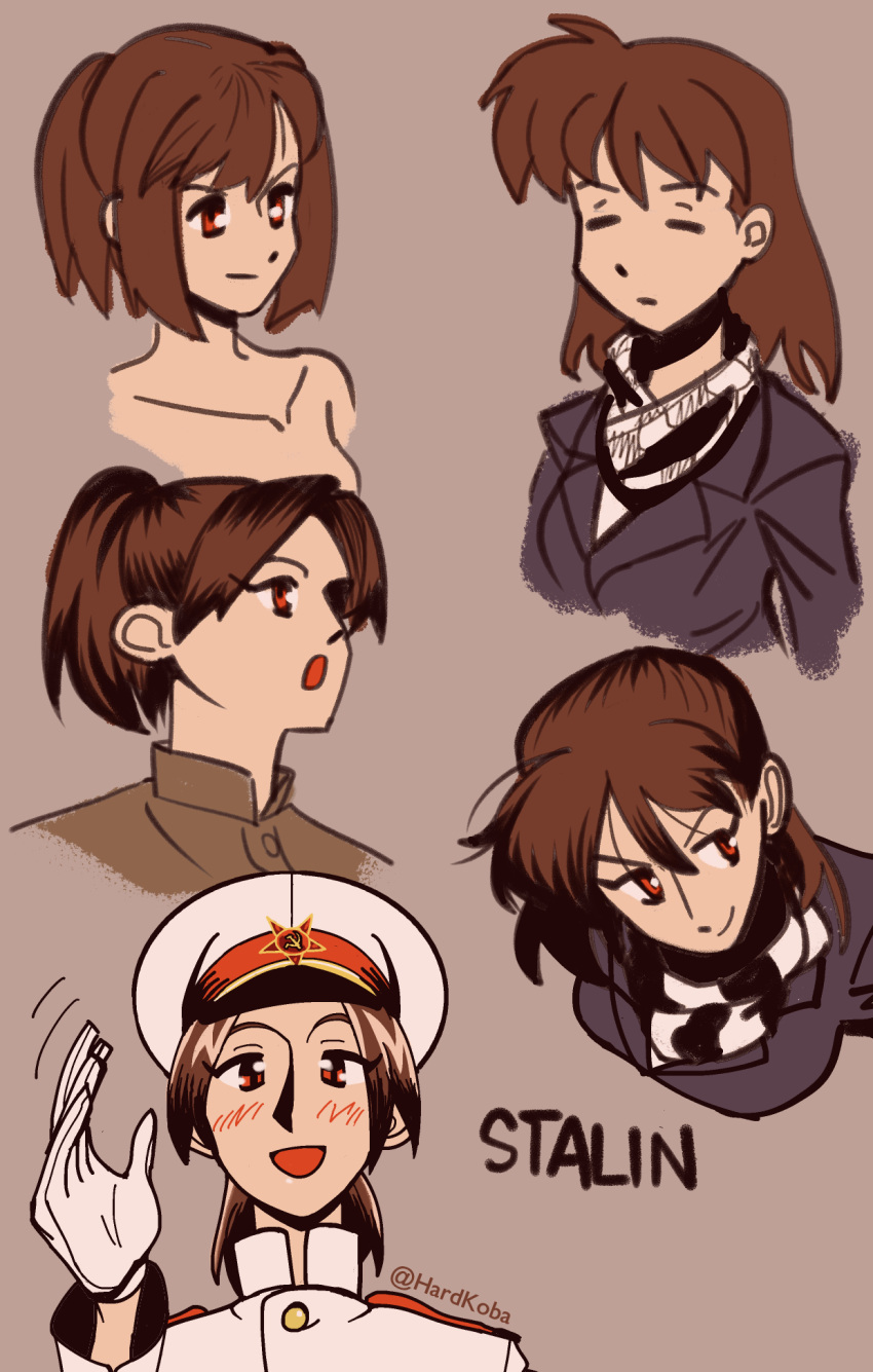 1girl, blush, brown_background, brown_hair, closed_eyes, communism, english_text, genderswap, genderswap_(mtf), gloves, hammer_and_sickle, hardkoba, hat, highres, joseph_stalin, peaked_cap, ponytail, real_life, red_eyes, twitter_username, upper_body