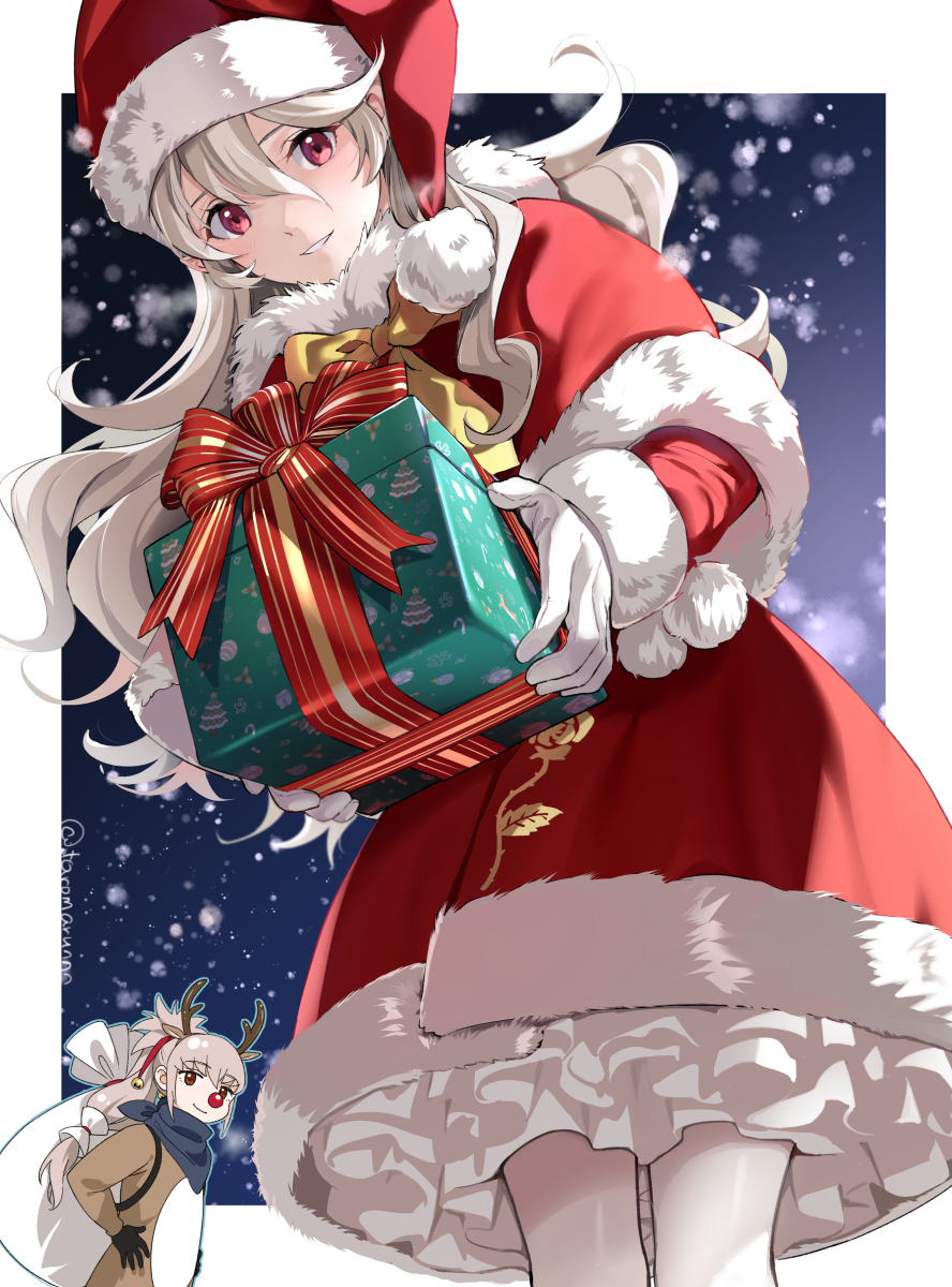 1boy, 1girl, alternate_costume, animal_costume, antlers, black_gloves, blue_scarf, bow