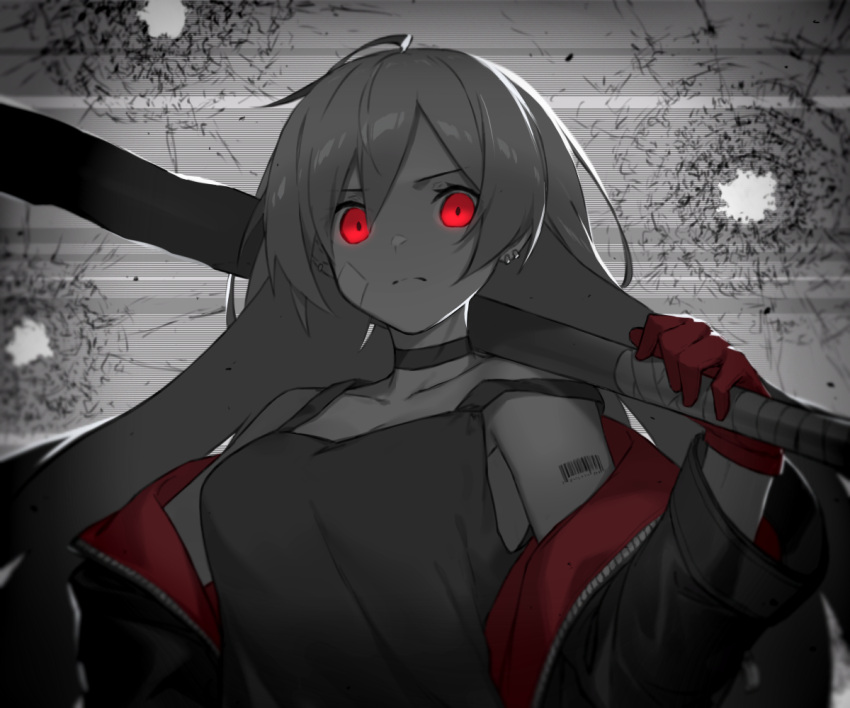 1girl, ahoge, bandaid, bandaid_on_cheek, bangs, barcode_tattoo, bare_shoulders, black_jacket
