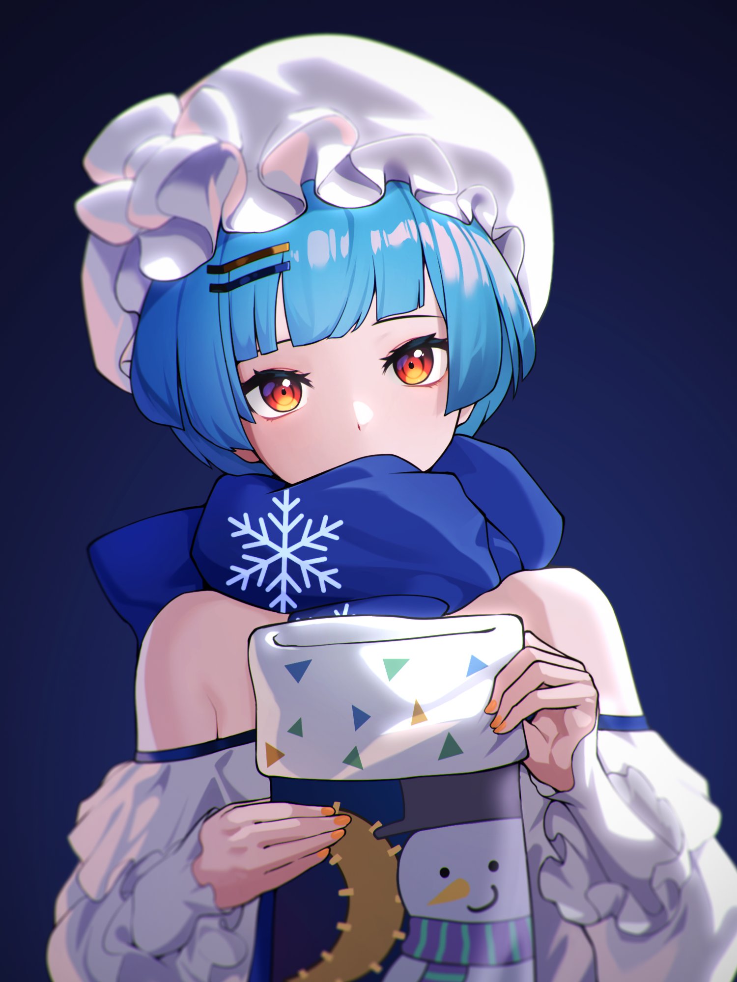 1girl, bangs, bare_shoulders, blue_background, blue_hair, blue_scarf, blunt_bangs, character_request