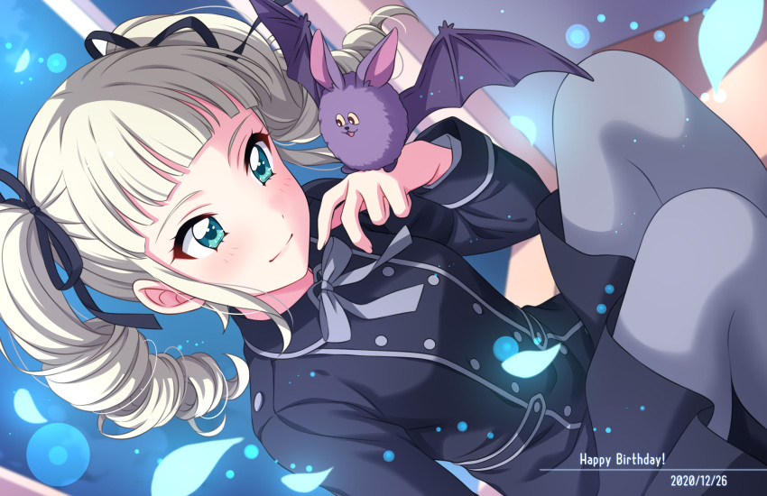1girl, :3, absurdres, aikatsu!, aikatsu!_(series), alan_(aikatsu!), animal_on_hand, bangs, bat, black_jacket, blonde_hair, blue_eyes, blunt_bangs, blush, closed_mouth, dated, double-breasted, drill_hair, dutch_angle, grey_legwear, hand_up, happy_birthday, highres, jacket, long_sleeves, medium_hair, pantyhose, sekina, sitting, smile, solo, toudou_yurika, twin_drills