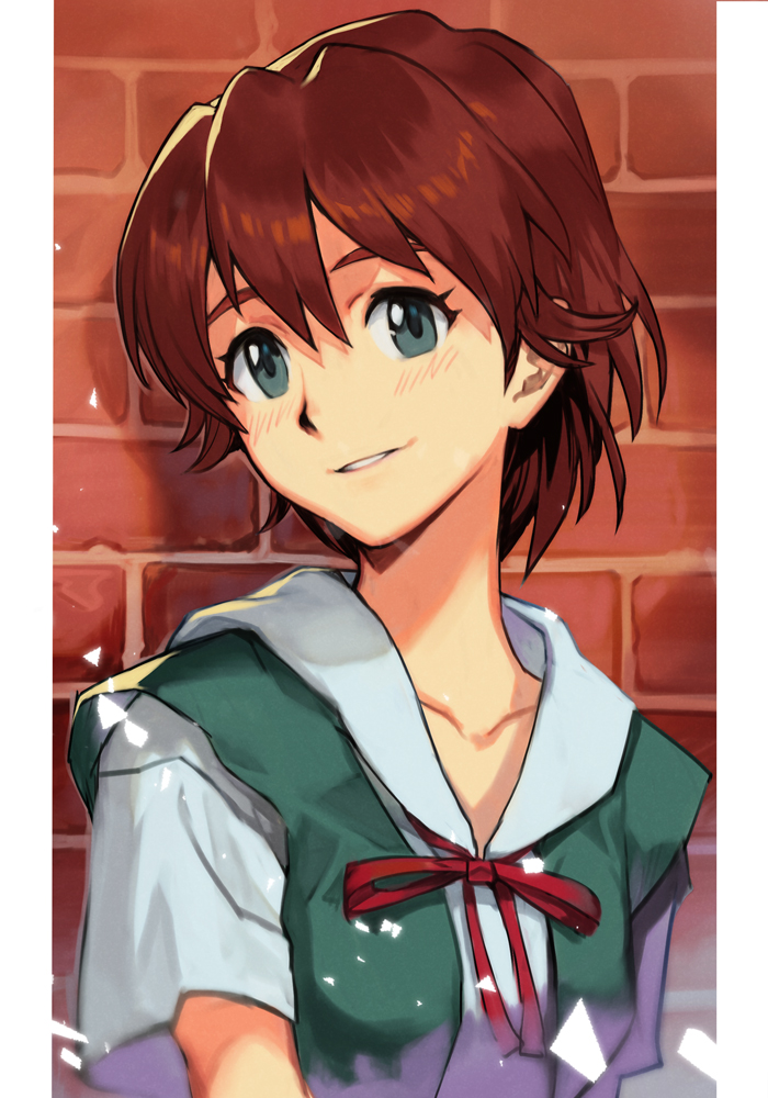 1girl, blush, brown_hair, green_eyes, green_vest, grey_shirt, hankuri, head_tilt