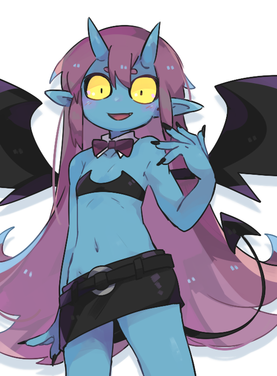 1girl, :d, bare_arms, belt, belt_buckle, black_bra, black_nails, black_sclera, black_shorts, blue_skin, blush, bow, bowtie, bra, buckle, colored_skin, cowboy_shot, demon_girl, demon_tail, demon_wings, fang, flat_chest, hair_between_eyes, hand_up, horns, howakko_bright, ishuzoku_reviewers, kuramori_(mg_kura), long_hair, looking_at_viewer, monster_girl, navel, oni_horns, open_mouth, pointy_ears, purple_hair, purple_neckwear, short_eyebrows, short_shorts, shorts, simple_background, smile, solo, tail, underwear, white_background, wings, yellow_eyes