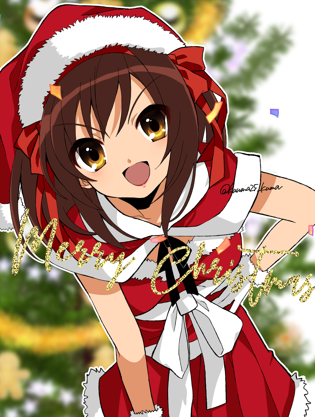 1girl, :d, bangs, blurry, blurry_background, breasts, brown_eyes, brown_hair, capelet, christmas, christmas_ornaments, christmas_tree, collarbone, commentary, confetti, disconnected_mouth, dress, english_commentary, english_text, fur-trimmed_capelet, fur-trimmed_dress, fur-trimmed_gloves, fur-trimmed_headwear, fur_trim, gloves, hair_ribbon, hand_on_hip, hat, highres, kuuma25_kuma, leaning_forward, lipstick, looking_at_viewer, makeup, medium_breasts, medium_hair, merry_christmas, mixed-language_commentary, open_mouth, outline, pom_pom_(clothes), red_capelet, red_dress, red_headwear, red_lipstick, red_ribbon, ribbon, santa_costume, santa_dress, santa_hat, smile, solo, standing, star_(symbol), suzumiya_haruhi, suzumiya_haruhi_no_yuuutsu, twitter_username, white_gloves, white_outline, white_ribbon