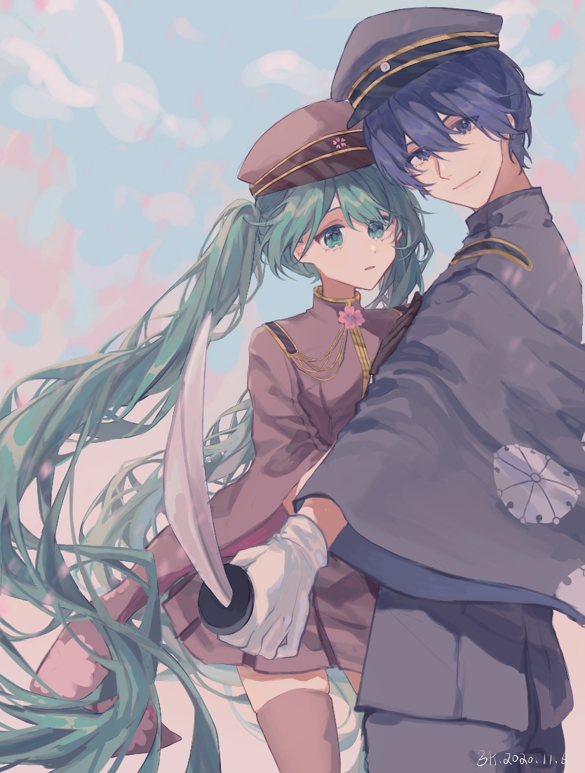 1boy, 1girl, bkkkkk, blue_eyes, blue_hair, blue_headwear, brown_headwear, brown_jacket, brown_legwear, brown_skirt, closed_mouth, eyebrows_behind_hair, flower, gloves, green_eyes, green_hair, hat, hatsune_miku, holding, holding_sword, holding_weapon, jacket, kaito, long_hair, long_sleeves, open_mouth, pants, pink_flower, pleated_skirt, senbon-zakura_(vocaloid), senbonzakura, short_hair, skirt, socks, sword, thigh-highs, twintails, vocaloid, weapon, white_gloves