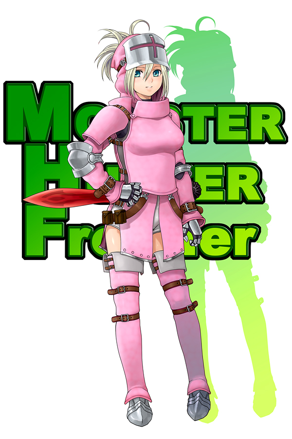 armor, bad_id, belt, blonde_hair, blue_eyes, gauntlets, hand_on_hip, helmet