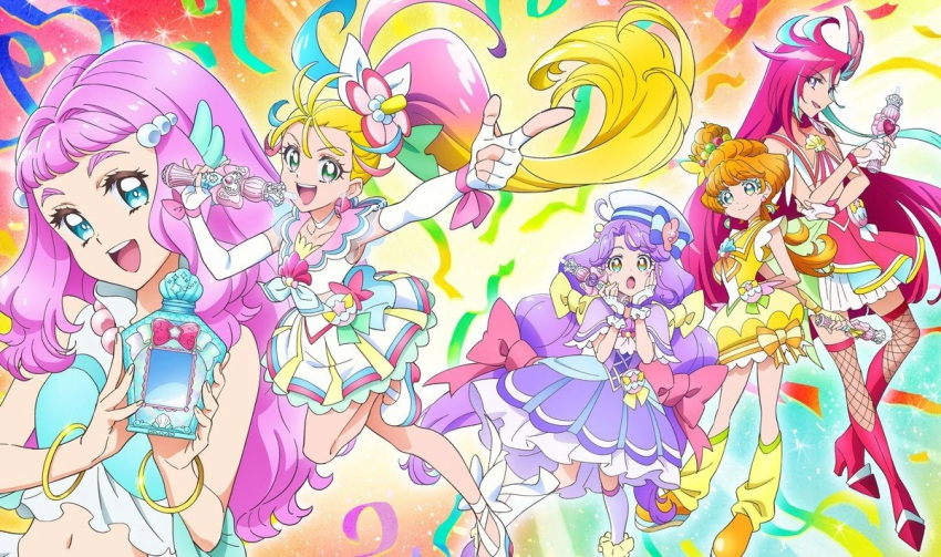 5girls, :d, aqua_hair, bare_legs, blonde_hair, blue_bow, blue_eyes, blue_hair