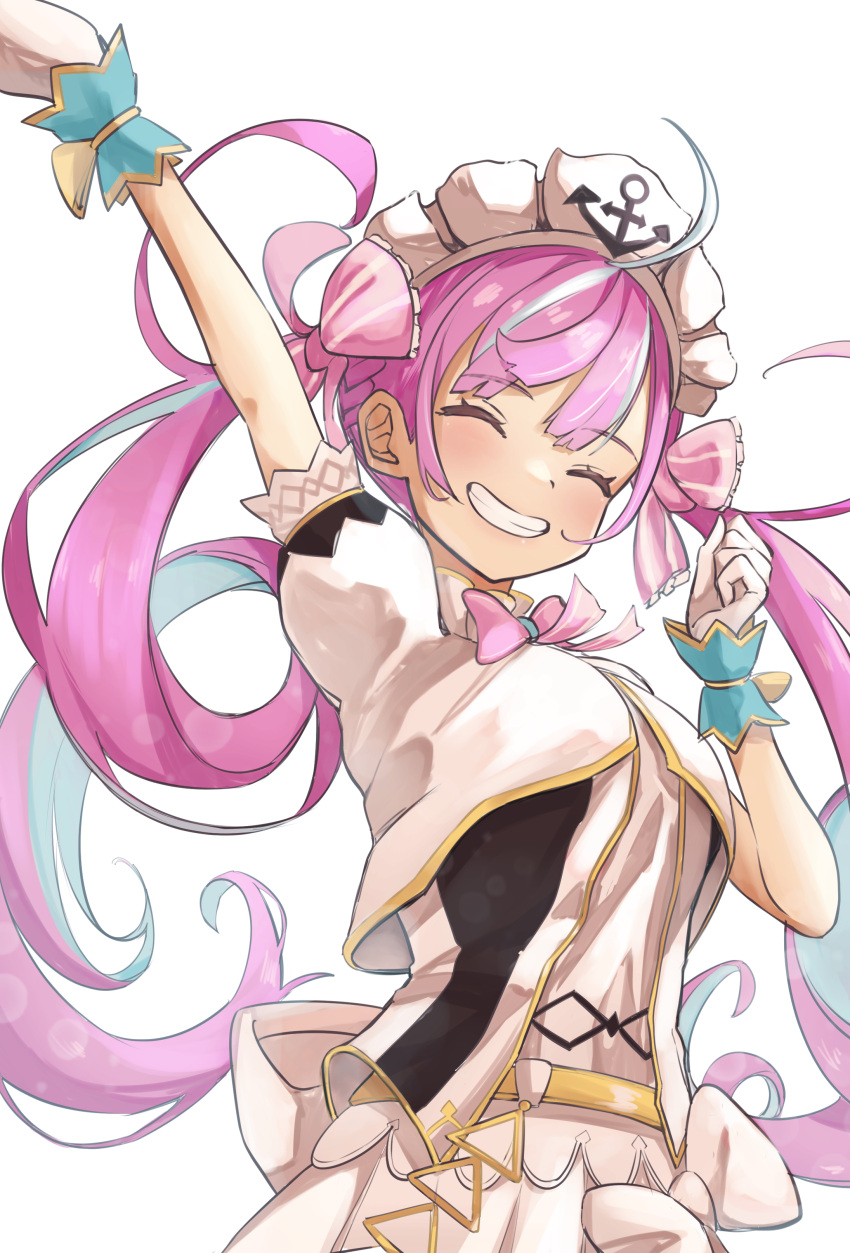 1girl, absurdres, ahoge, anchor_symbol, arm_up, belt, blush, bow
