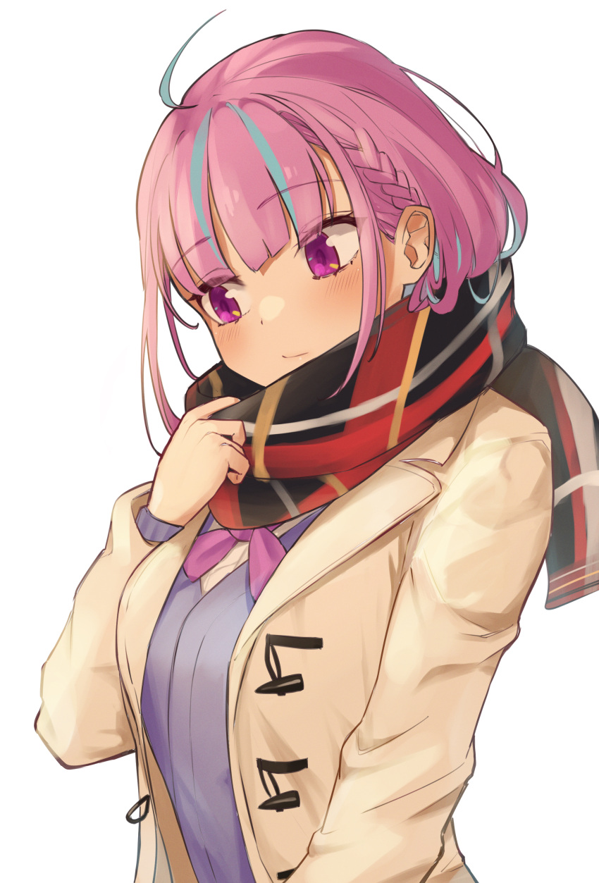 1girl, absurdres, ahoge, alternate_costume, black_scarf, blue_cardigan, blush, braid, breasts, brown_coat, cardigan, casual, closed_mouth, coat, commentary, enpera, eyebrows_visible_through_hair, french_braid, highres, hitsujisnow, hololive, light_blue_hair, long_sleeves, looking_away, looking_to_the_side, medium_breasts, medium_hair, minato_aqua, multicolored, multicolored_clothes, multicolored_scarf, neck_ribbon, open_clothes, open_coat, purple_hair, purple_ribbon, red_scarf, ribbon, scarf, shirt, simple_background, solo, upper_body, violet_eyes, virtual_youtuber, white_background, white_shirt
