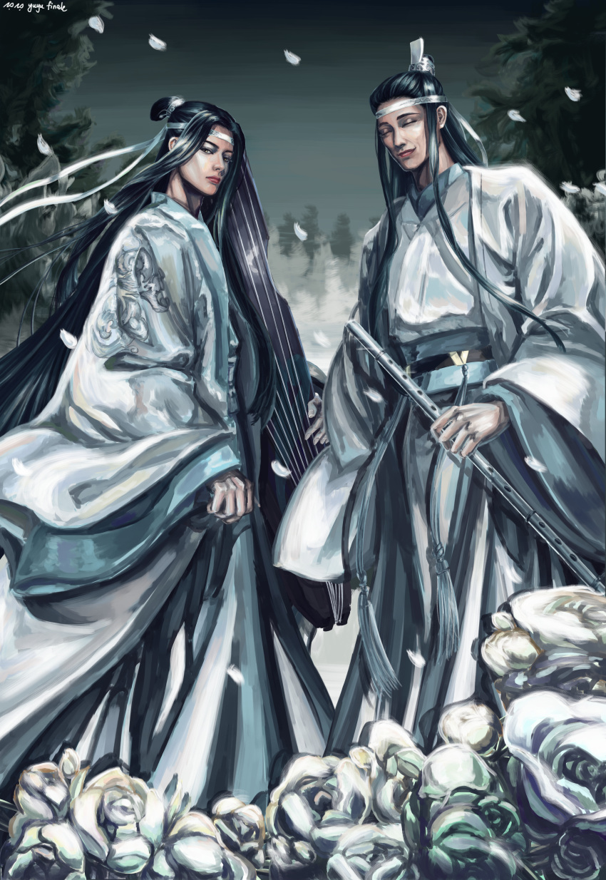 2boys, absurdres, black_hair, chinese_clothes, closed_eyes, facing_viewer, flower, flute, grey_sky, headband, highres, instrument, long_hair, mo_dao_zu_shi, multiple_boys, redrawn, standing, tassel, wangji_lan, white_flower, white_headband, wide_sleeves, xichen_lan, yuyu_finale
