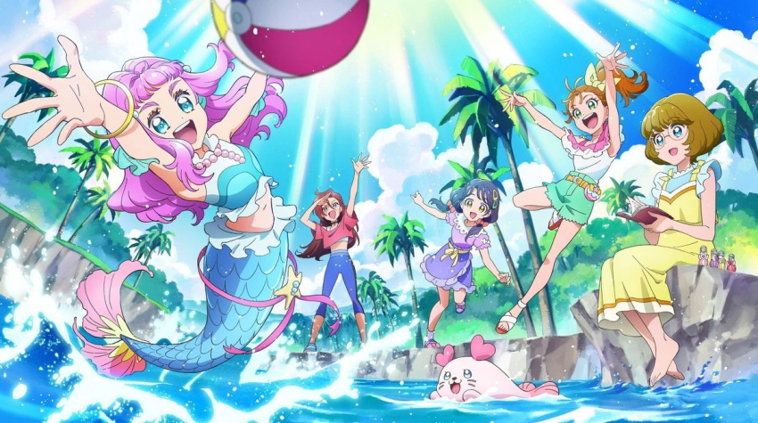 5girls, :d, arm_up, ball, barefoot, beachball, belt, blue_eyes