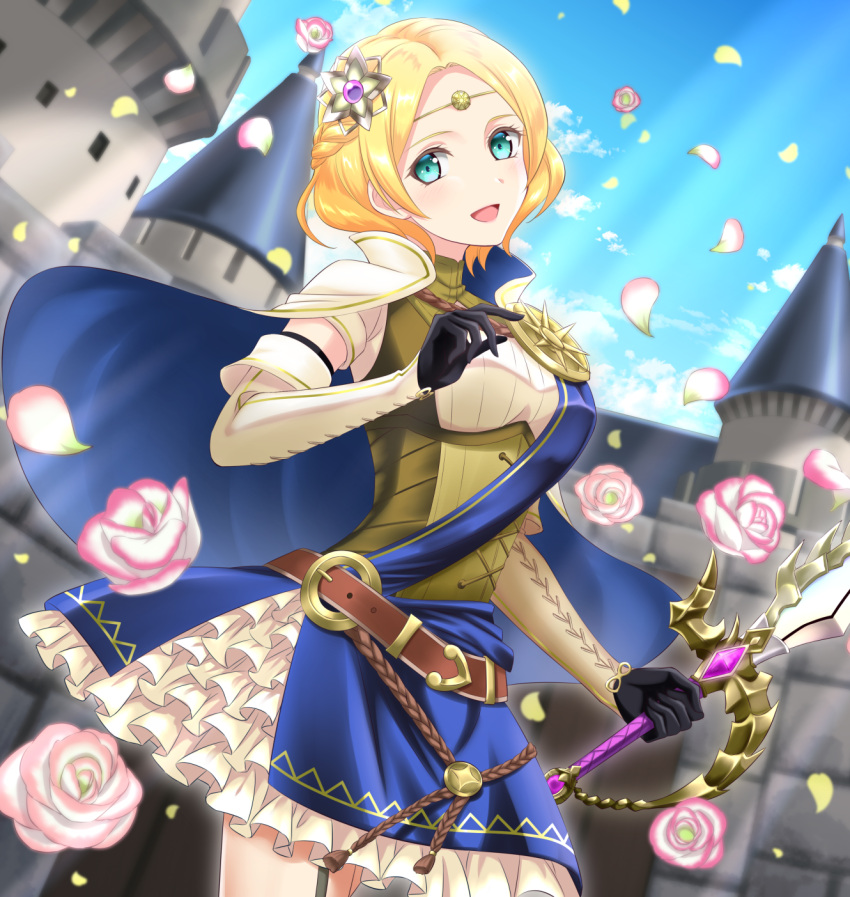 1girl, blonde_hair, blue_eyes, capelet, castle, circlet, cloak, fire_emblem
