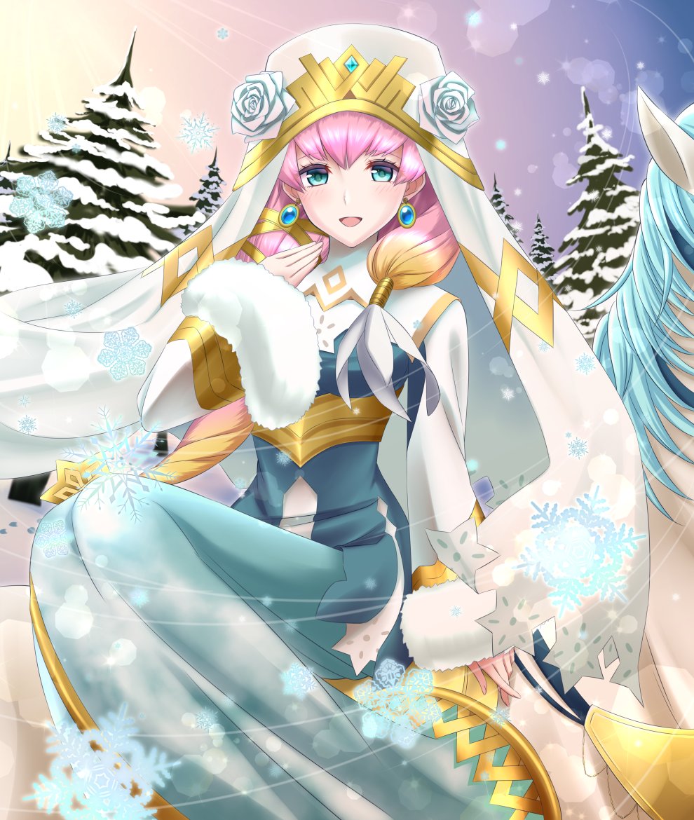 1girl, blue_eyes, blue_fur, dress, earrings, fire_emblem, fire_emblem_heroes, flower