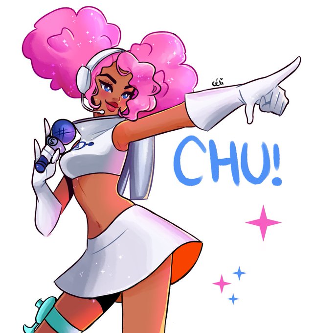 afro, alternate_skin_color, crop_top, dark_skin, gloves, headset, holster, microphone, midriff, miniskirt, navel, pianta_celi, pink_hair, pointing, red_lips, skirt, smile, space_channel_5, sparkle, twintails, ulala
