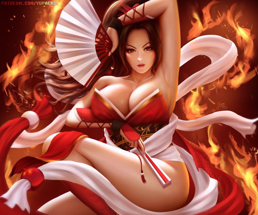 1girl, alternate_costume, bare_shoulders, breasts, brown_eyes, brown_hair, cleavage, fan