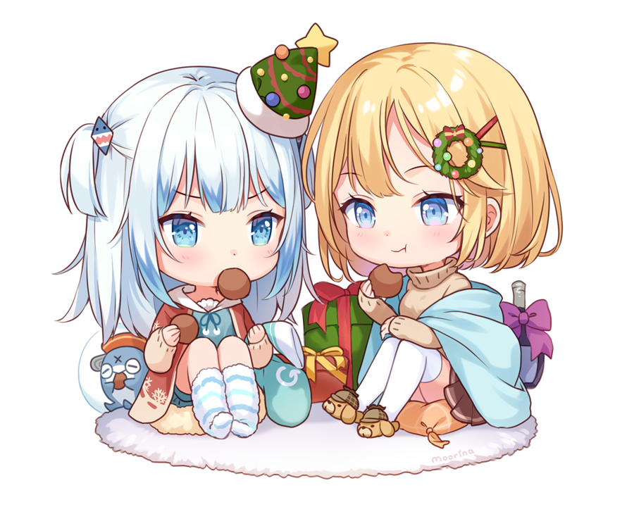 2girls, :t, animal_slippers, bangs, blonde_hair, bloop_(gawr_gura), blue_eyes, blue_hair, blue_shorts, bow, box, brown_footwear, brown_jacket, brown_skirt, brown_sweater, chibi, christmas_tree_hat, christmas_wreath, closed_mouth, eating, eyebrows_visible_through_hair, food, food_in_mouth, gawr_gura, gift, gift_box, green_headwear, hair_ornament, hairclip, hat, holding, holding_food, hololive, hololive_english, jacket, knees_up, long_sleeves, mini_hat, moorina, mouth_hold, multicolored_hair, multiple_girls, no_shoes, open_clothes, open_jacket, pleated_skirt, purple_bow, short_shorts, shorts, simple_background, sitting, skirt, sleeves_past_wrists, slippers, socks, star_(symbol), streaked_hair, striped, striped_legwear, sweater, tilted_headwear, turtleneck, turtleneck_sweater, two_side_up, v-shaped_eyebrows, virtual_youtuber, watson_amelia, white_background, white_hair