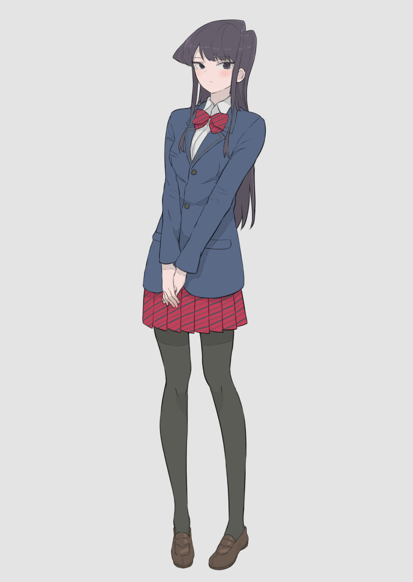 1girl, black_legwear, blazer, blue_jacket, blush, bow, bowtie, brown_eyes