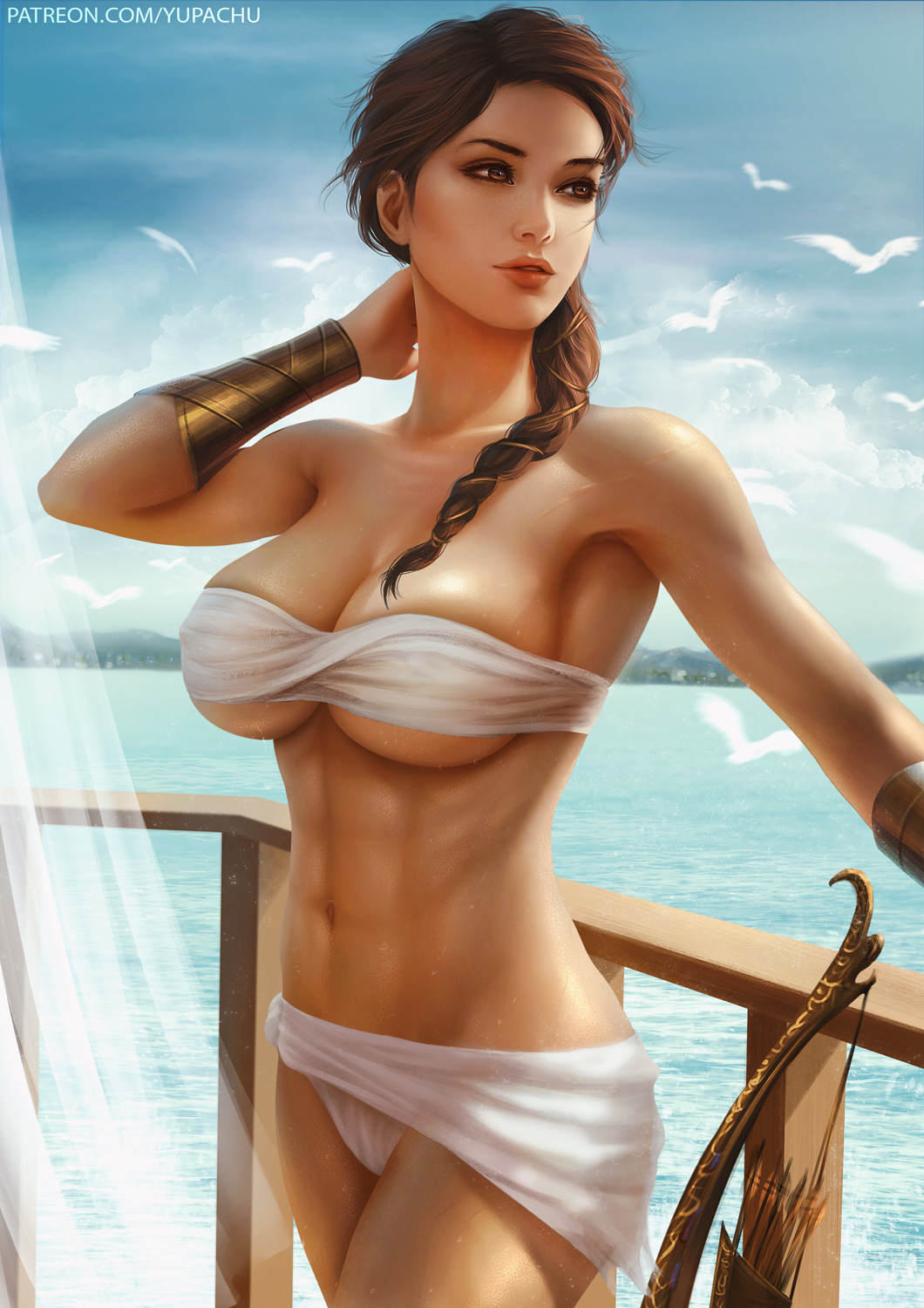 1girl, abs, artist_name, assassin's_creed, breasts, cleavage, kassandra_of_sparta, large_breasts