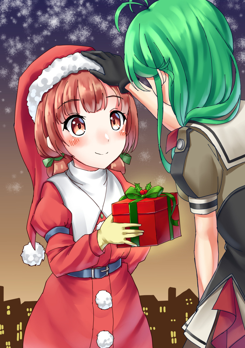 2girls, absurdres, antenna_hair, black_gloves, brown_eyes, brown_hair, cityscape, cowboy_shot