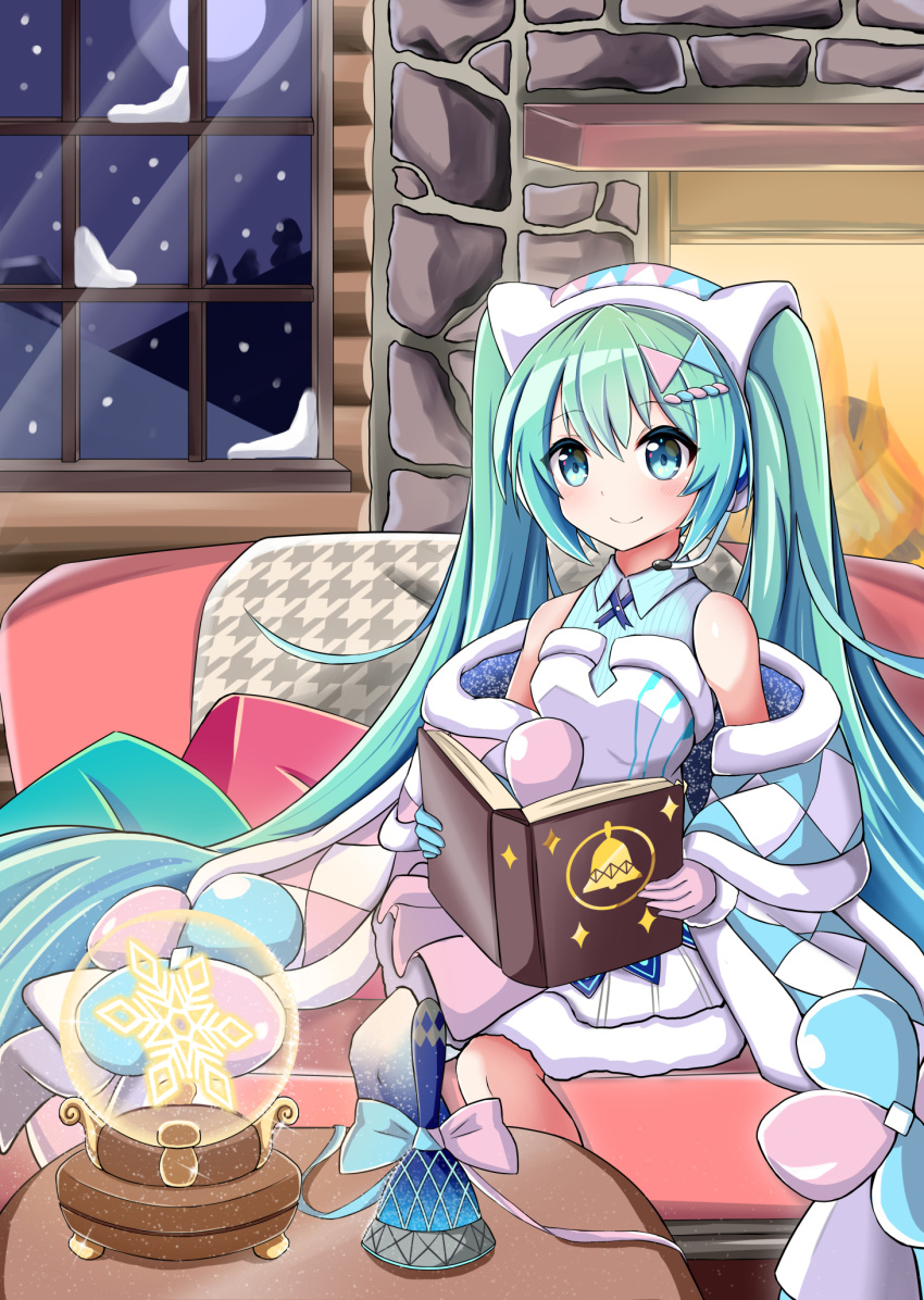 1girl, aqua_eyes, aqua_hair, bare_shoulders, bell, bell_print, book, commentary, dress, fireplace, fur-trimmed_dress, fur-trimmed_sleeves, fur_trim, glowing, hair_ornament, hairclip, hatsune_miku, headphones, headset, highres, holding, holding_book, homura_0205, long_hair, magical_mirai_(vocaloid), night, open_book, reading, sitting, smile, snowflakes, snowing, solo, twintails, very_long_hair, vocaloid, white_dress, window