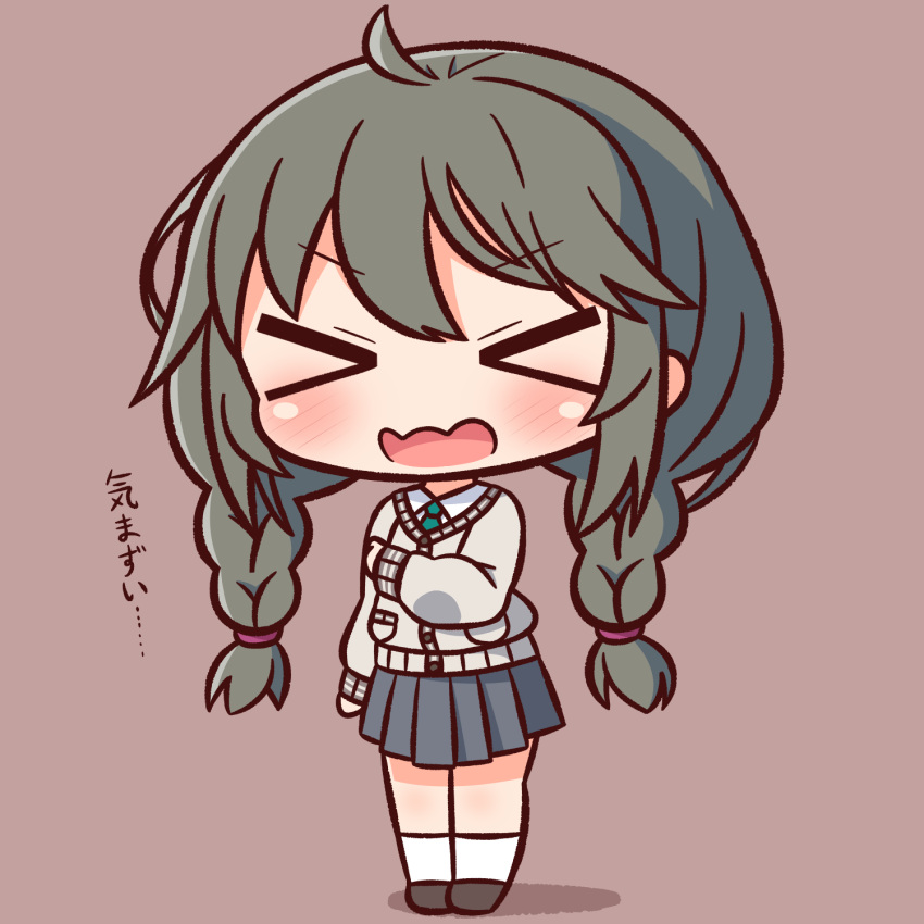 >_<, 1girl, ahoge, bangs, black_footwear, black_skirt, blush, braid
