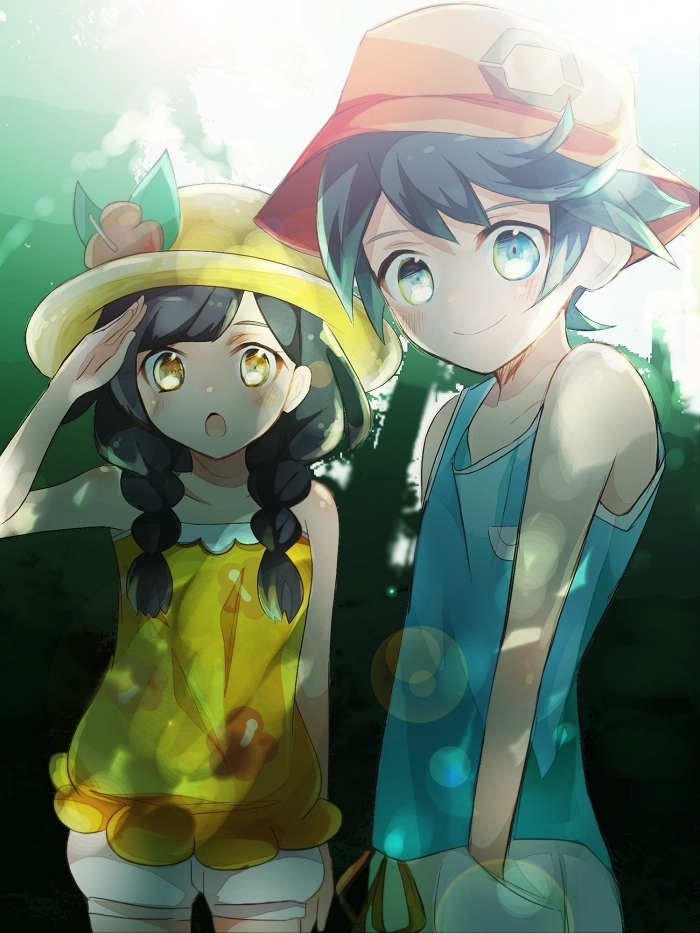 1boy, 1girl, backlighting, black_hair, blue_eyes, blurry, bokeh, braid, brown_eyes, bucket_hat, cowboy_shot, depth_of_field, elio_(pokemon), flower, hands_in_pockets, hat, hat_flower, lens_flare, long_hair, open_mouth, pokemon, pokemon_(game), pokemon_sm, pokemon_usum, puffy_shorts, ric, salute, selene_(pokemon), shirt, short_hair, shorts, sleeveless, sleeveless_shirt, smile, sun_hat, tank_top, tree, twin_braids