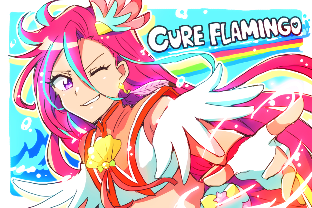 aqua_hair, character_name, commentary, cure_flamingo, dark_skin, earrings, feather_earrings, feathers, fingerless_gloves, gloves, grin, hair_ornament, hitopm, jewelry, long_hair, looking_at_viewer, magical_girl, midriff, multicolored_hair, one_eye_closed, pointing, precure, rainbow, redhead, sleeveless, smile, takizawa_asuka, tropical-rouge!_precure, two-tone_hair, upper_body, very_long_hair, violet_eyes, white_gloves