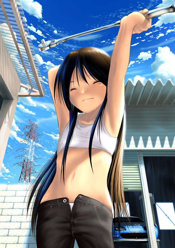 car, closed_eyes, cloud, clouds, flat_chest, jeans, long_hair, midriff