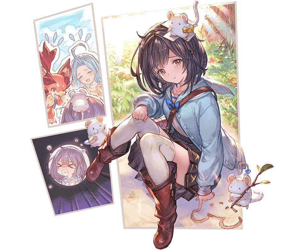 >_<, 2girls, :t, ^_^, ahoge, bag, black_hair, blouse, blue_hair, blush, boots, bow, closed_eyes, finger_drag, granblue_fantasy, jacket, looking_at_viewer, lyria_(granblue_fantasy), minaba_hideo, mouse, multiple_girls, one_eye_closed, red_eyes, shoulder_bag, sitting, skirt, tears, trembling, vee_(granblue_fantasy), vikala_(granblue_fantasy), white_legwear