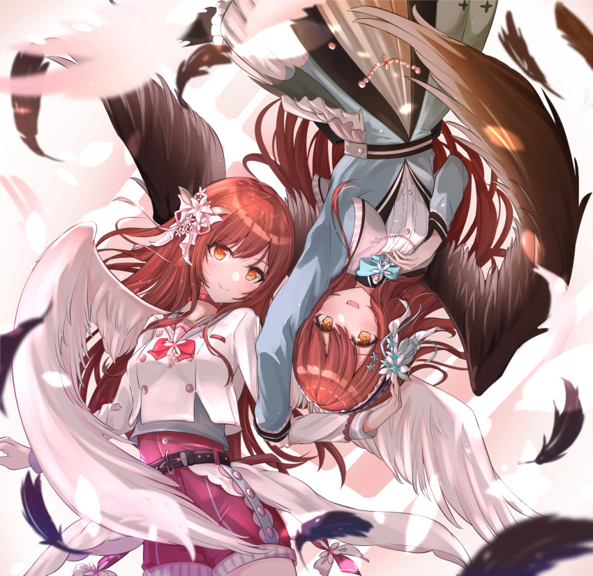 2girls, angel_wings, belt, black_wings, blouse, blue_dress, blurry_foreground, brown_eyes