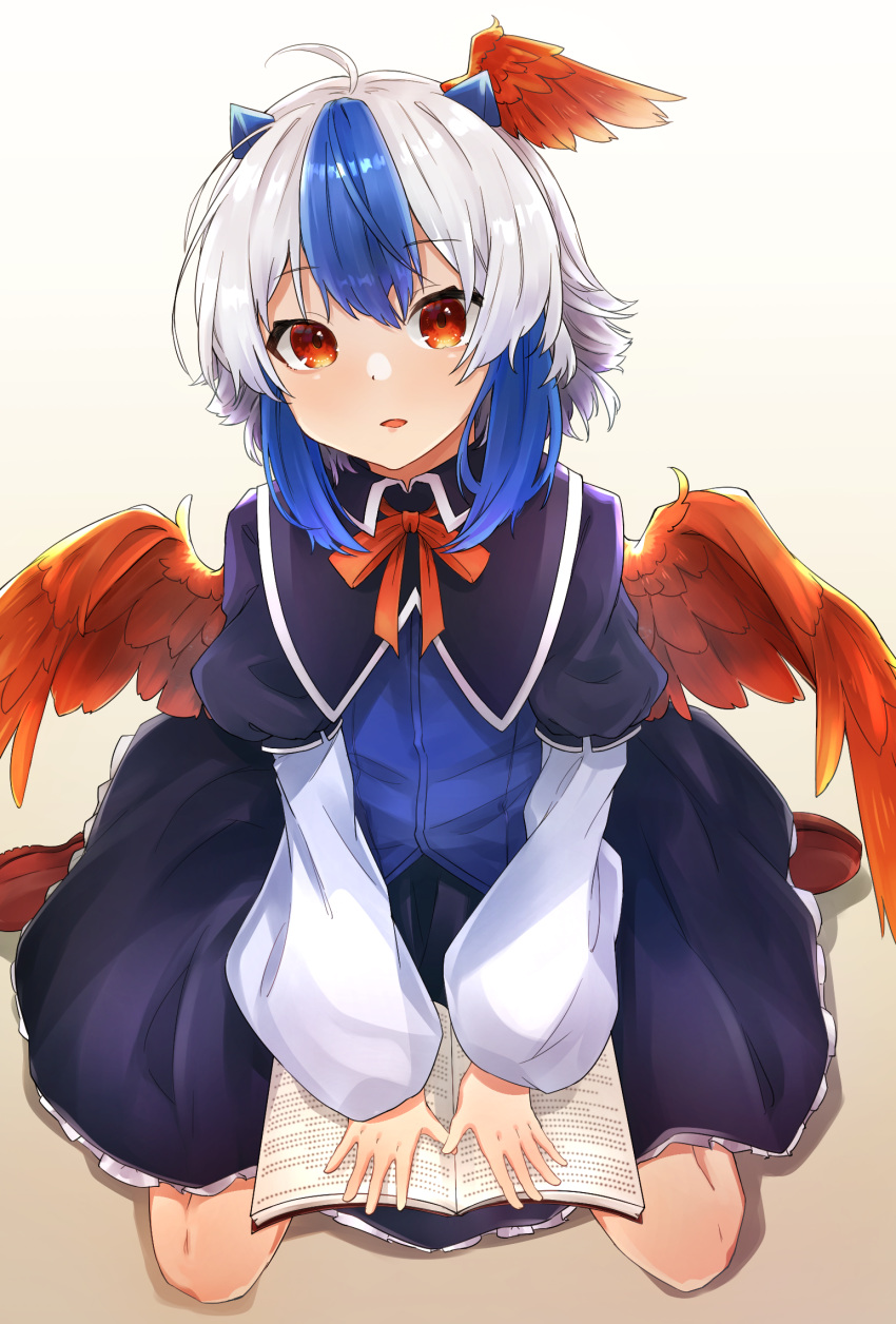 1girl, ahoge, beige_background, black_dress, blue_dress, blue_hair, book, brown_footwear, commentary_request, dress, eyebrows_visible_through_hair, feathered_wings, flat_chest, full_body, gradient, gradient_background, gunsou1350, hair_between_eyes, head_wings, highres, horns, long_sleeves, looking_at_viewer, multicolored_hair, neck_ribbon, open_book, parted_lips, puffy_sleeves, red_eyes, red_neckwear, red_ribbon, ribbon, short_hair, silver_hair, simple_background, sitting, solo, streaked_hair, tokiko_(touhou), touhou, v_arms, wariza, white_background, wings